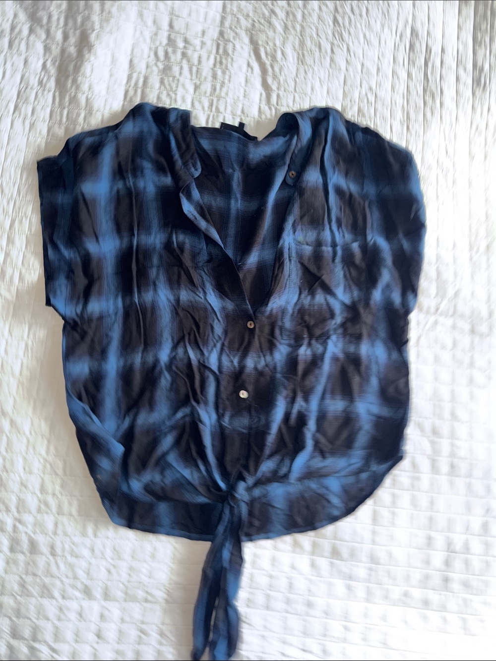 Olivaceous Navy and Light Blue Plaid Tie-Front Blouse